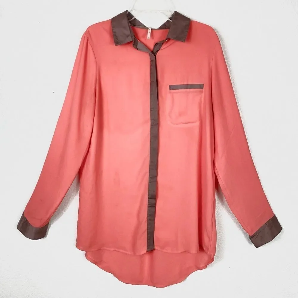 Free People Salmon Pink & Tan Long Sleeve Button Up Blouse Shirt Size S